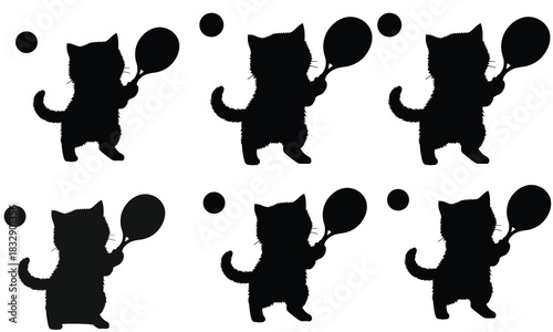 Playful cat silhouette in various poses holding a tennis racket and ball