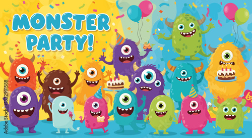 Monster party character vector design. Birthday kids party monster, mascot and cute creature for children costume and mascot