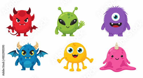 Monster party character vector design. Birthday kids party monster, mascot and cute creature for children costume and mascot. Vector illustration greeting card template.