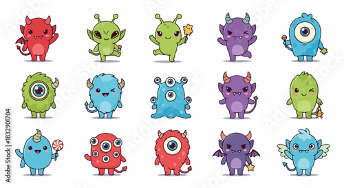doodle icons illustration collection FUNNY MONSTERS strange big eye color