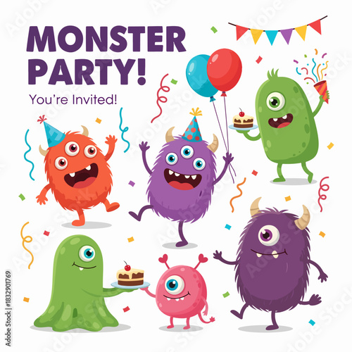 cartoon monster with horns. Big collection of cute monsters. Halloween character. Vector illustrations. Good for book illustration