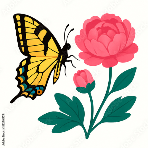 Minimalist and vibrant vector collection of different butterfly species sitting on spring and summer flowers. Flat design for digital projects, greeting cards, and nature-themed graphics.