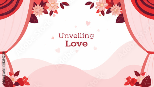 Romantic unveiling love background with floral accents and soft curtains celebrating valentine s day or wedding occasion