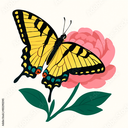 Minimalist and vibrant vector collection of different butterfly species sitting on spring and summer flowers. Flat design for digital projects, greeting cards, and nature-themed graphics.