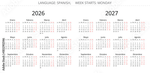 2026 and 2007 spanish calendars. Vector illustration for Spain