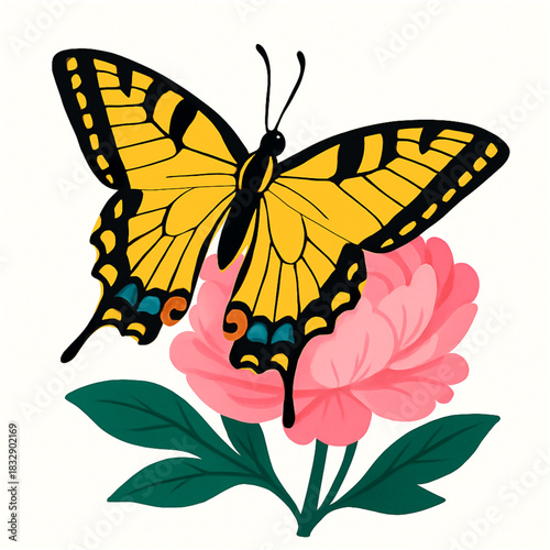 Minimalist and vibrant vector collection of different butterfly species sitting on spring and summer flowers. Flat design for digital projects, greeting cards, and nature-themed graphics.