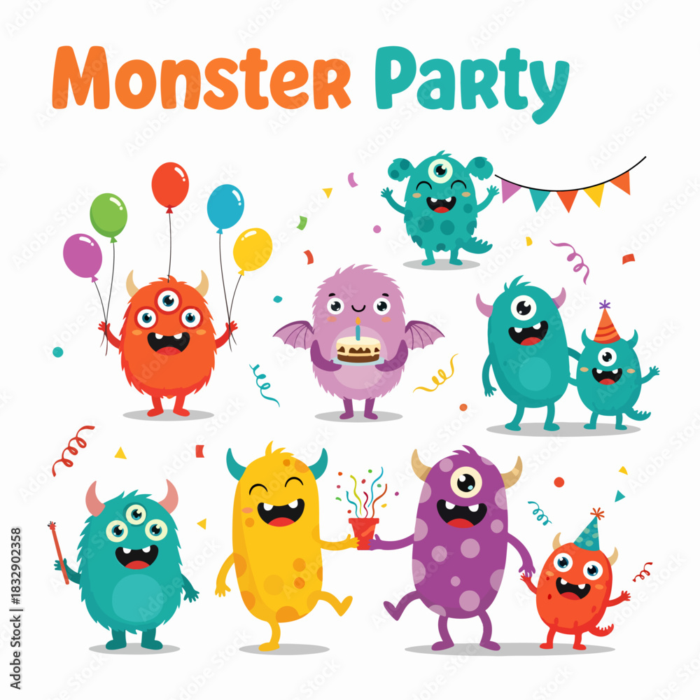 Fototapeta premium Cute cartoon vector monster icons in a flat style. Handdrawn stickers. Color baby cliparts. Big set of isolated halloween characters.