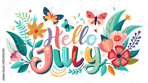 Vector illustration of “Hello July” hand lettering surrounded by vintage floral elements, blooming flowers, soft leaves, and playful butterflies
