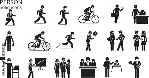 Diverse Pictogram Set of People in Various Activities Representing Different Professions and Lifestyles Solid Icons