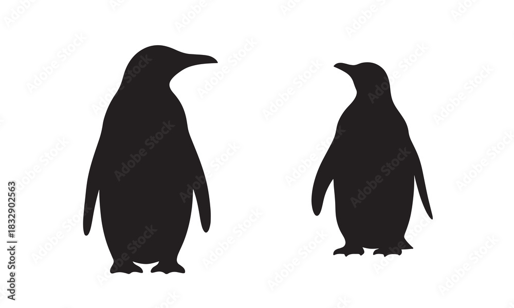 Fototapeta premium Two black penguin silhouettes standing facing each other on a white background with adobe illustrator icon