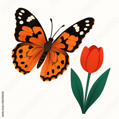 Minimalist and vibrant vector collection of different butterfly species sitting on spring and summer flowers. Flat design for digital projects, greeting cards, and nature-themed graphics.