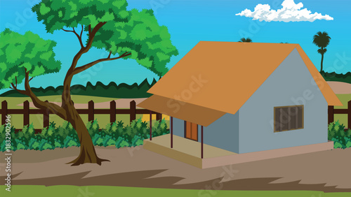 Calm Indian Countryside Blue Village Home with Sloped Brown Roof Shady Tree Wooden Fence and Open Courtyard Under Clear Day Sky