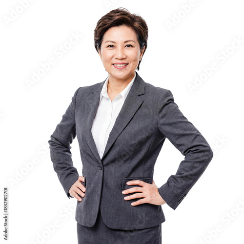 Senior Asian business woman hands on hips isolated white background png transparent cutout confident power pose mature female professional boss leader authority corporate strength studio shot person 