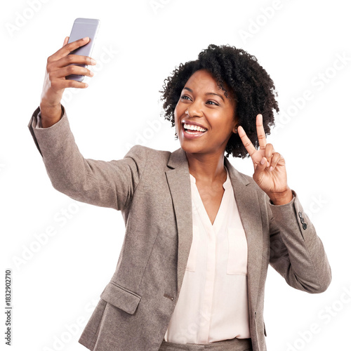 African American woman taking selfie phone isolated white background png transparent cutout smartphone photo social media black female professional happy fun corporate lifestyle studio shot person 