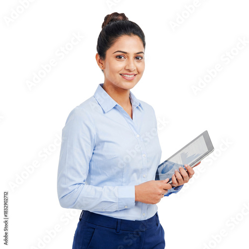 Indian business woman holding tablet isolated white background png transparent cutout digital technology female professional formal wear touchpad screen internet corporate work online communication 