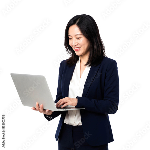Asian business woman holding laptop isolated white background png transparent cutout computer working chinese female professional technology internet online corporate data presentation studio shot 