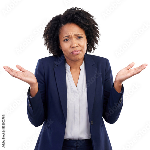 Confused black woman shrugging shoulders isolated white background png transparent cutout doubt ignorance african american female professional question unsure corporate gesture studio shot person 