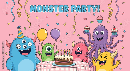 Monster party text vector design. Birthday celebration with cute, funny and smiling mascot creature. Vector illustration monster cartoon birthday decoration. 