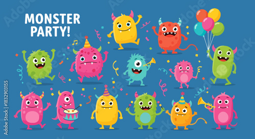 Monster party character vector design. Birthday kids party monster, mascot and cute creature for children costume and mascot. Vector illustration greeting card  template.