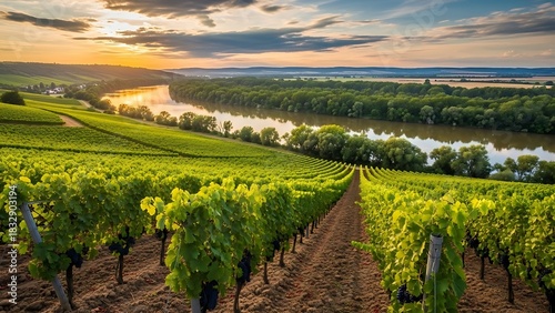 Breathtaking view of organized grapevine rows leading to a waterway in a lush rural valley setting.