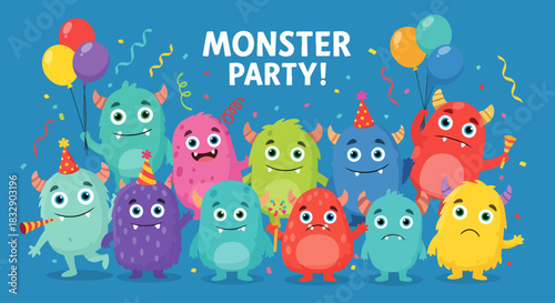 Halloween monster kids party vector banner design. Halloween monster kids party text with cute and happy cartoon characters for seasonal invitation card. Vector illustration holidays banner template.
