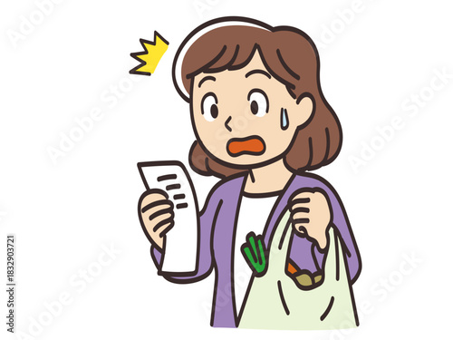 レシートを見て金額に驚く主婦のイラスト