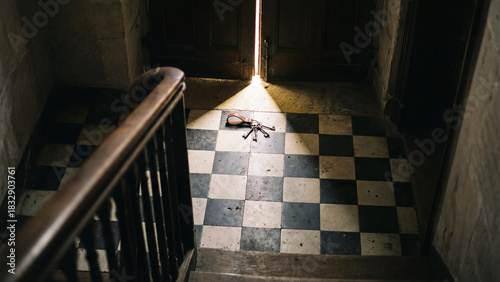 Top view of an old staircase with a checkered floor.  A bright beam of light from the half-open door illuminates a bunch of keys on the landing.