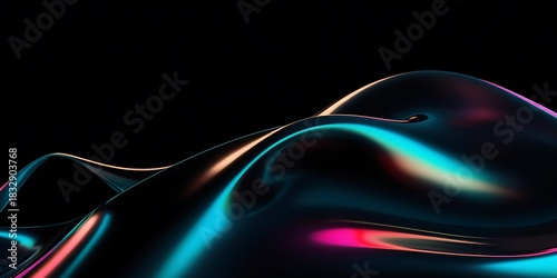 Black dark abstract background. Iridescent fluid glass wave. Smooth curve transition. Rainbow light flare. Bright glow shimmer. Neon metallic futuristic blur texture Holographic liquid shape 3D render