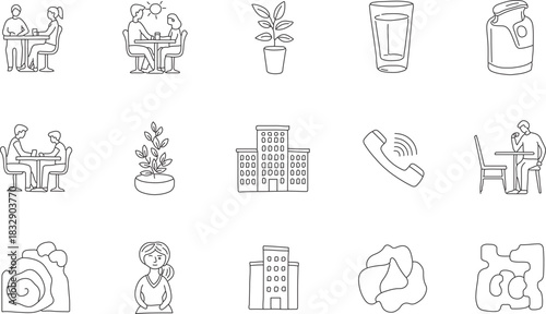 Set of different vector outline illustrations representing dining architecture communication and interior design elements