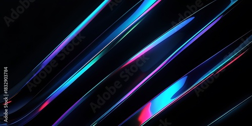 Black background with sharp neon prism streaks in red, blue, violet, pink, and white. Abstract minimalist 3D glass shapes. Light beam reflection, color gradient, metallic glow, iridescent shine