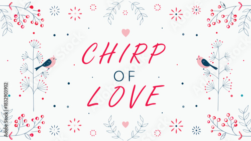 Chirp of love text with cute birds and floral elements on a white background perfect for valentine s day or romantic themes