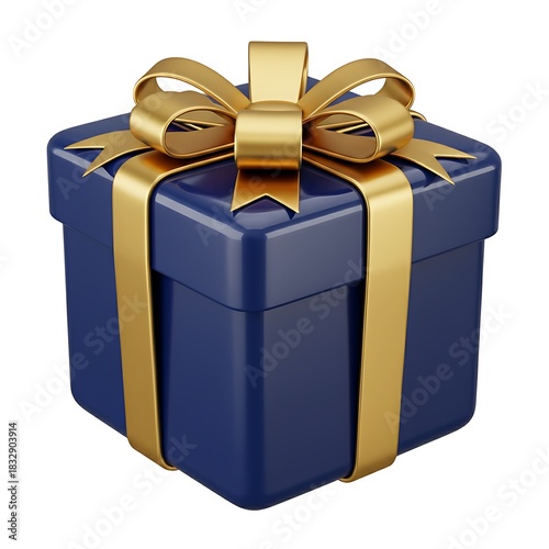 A blue gift box with a gold ribbon and bow on top