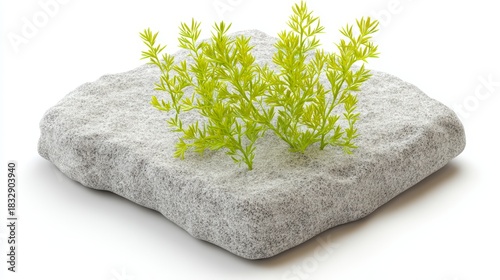 A textured stone base features vibrant green plants sprouting from it, ideal for nature-themed projects, garden design, or ecological concepts, Perfect for backgrounds, illustrations
