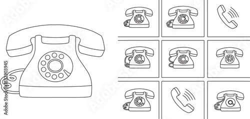 Vintage Rotary Phone Icon Set Line Art Illustration Communication Technology Design