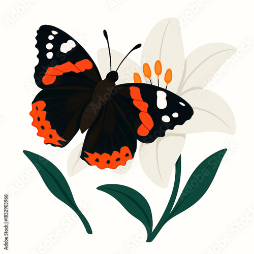 Minimalist and vibrant vector collection of different butterfly species sitting on spring and summer flowers. Flat design for digital projects, greeting cards, and nature-themed graphics.
