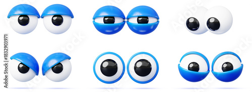 Obraz na płótnie Googly eyes 3d set, comic character eyeballs with blue eyelids isolated on white background