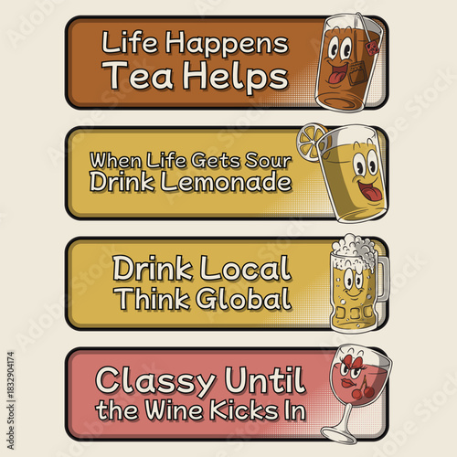 Retro Cartoon Funny Beverage Mascot Label Template Set