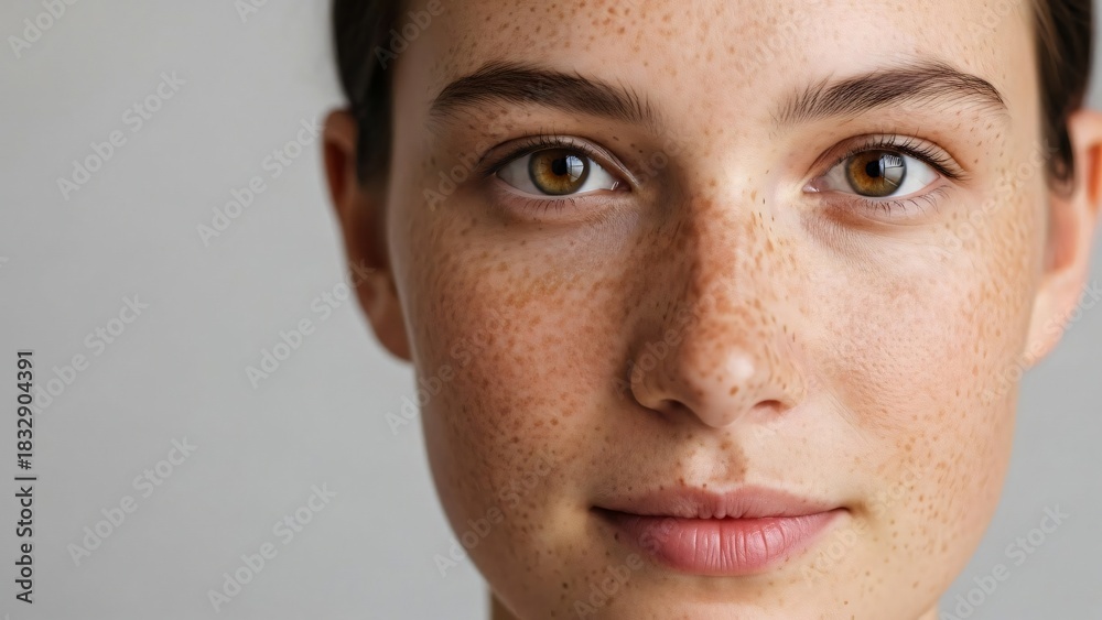 Fototapeta premium Freckle Face Portrayed Authentically With Visible Pores, Subtle Freckles, and Clean Neutral Background Simplicity