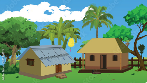 Charming rural village scene with traditional huts nestled among lush tropical greenery under a bright blue sky