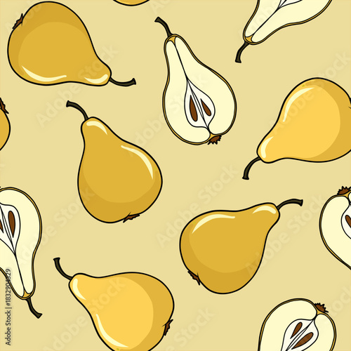 Warm soft seamless pattern with ripe pears, vector hand drawn illustration.