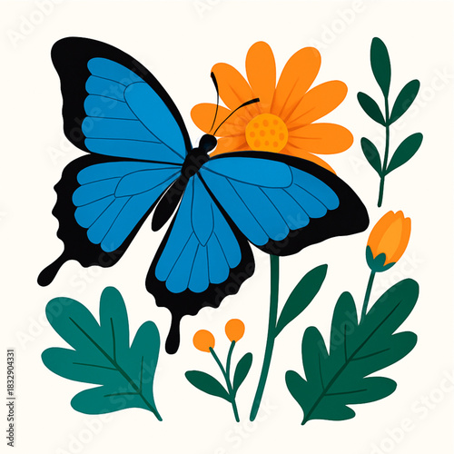 Minimalist and vibrant vector collection of different butterfly species sitting on spring and summer flowers. Flat design for digital projects, greeting cards, and nature-themed graphics.