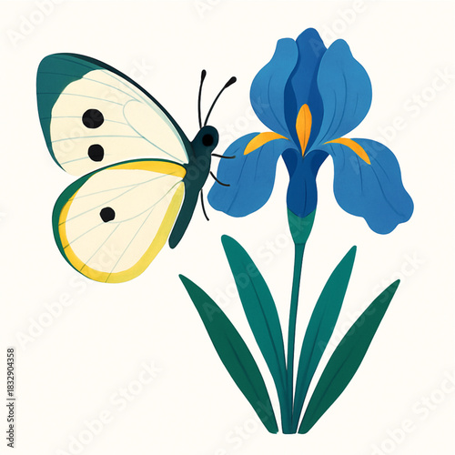 Minimalist and vibrant vector collection of different butterfly species sitting on spring and summer flowers. Flat design for digital projects, greeting cards, and nature-themed graphics.