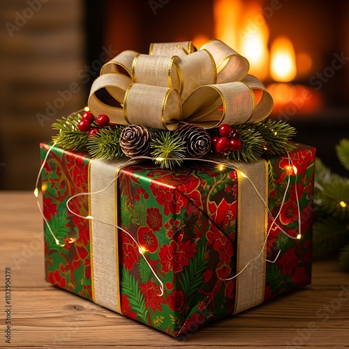 A christmas gift with ribbon and fireplace behind