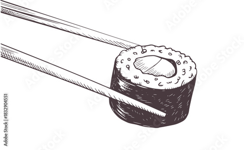 Black and white hand drawn illustration of sushi roll held by chopsticks