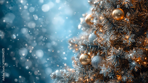 Holiday Cheer: Christmas tree sparkling with ornaments, lights and snowflakes and creating a festive and magical atmosphere.