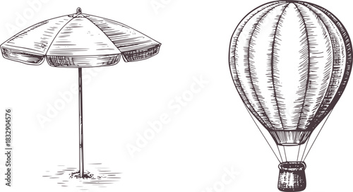 Black and white line drawing of a beach umbrella and hot air balloon