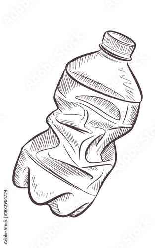 Hand drawn sketch of a crumpled plastic bottle drawing