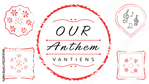 A collection of red decorative elements including floral designs musical notes and the text our anthem vantiens suitable for graphic design projects and branding