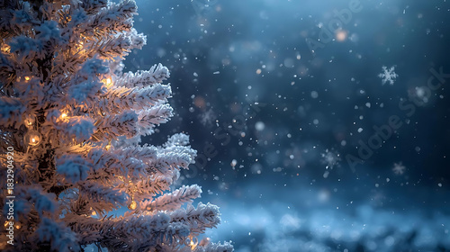 Snowy Christmas Tree: A festive snow-covered christmas tree twinkling softly with warm lights, illuminated by falling snowflakes, creating a peaceful and magical winter wonderland scene.