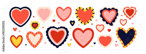 Hearts set. Cute creative playful doodle-style love symbols. Affection, decorative design elements, funny quirky whimsical framed valentines. Flat vector illustration isolated on white background